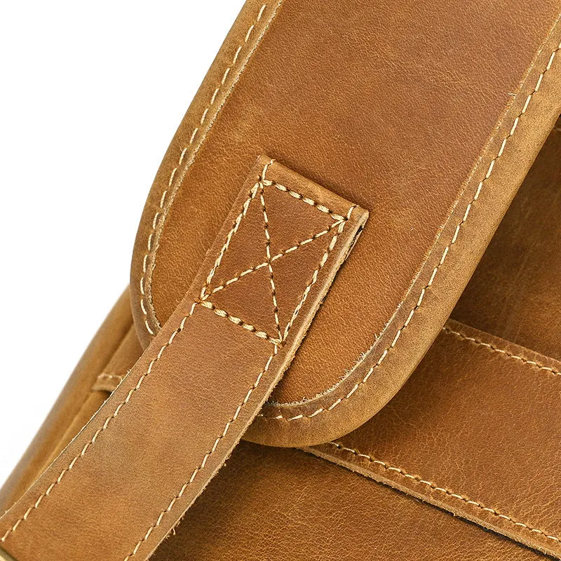 Mens Leather 15???? Laptop Backpack 14L Light Brown Large Leather Backpack for Travel