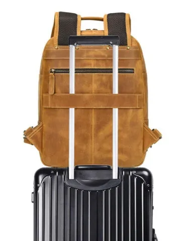 Mens Leather 15???? Laptop Backpack 14L Light Brown Large Leather Backpack for Travel