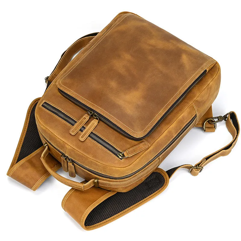 Mens Leather 15???? Laptop Backpack 14L Light Brown Large Leather Backpack for Travel