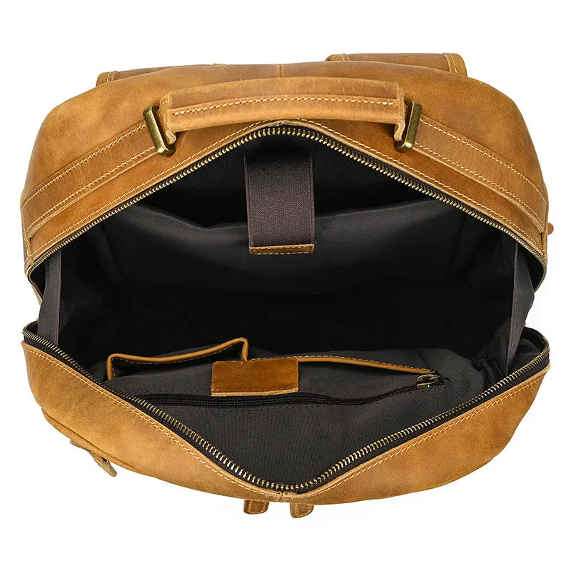 Mens Leather 15???? Laptop Backpack 14L Light Brown Large Leather Backpack for Travel