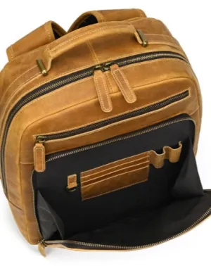 Mens Leather 15???? Laptop Backpack 14L Light Brown Large Leather Backpack for Travel