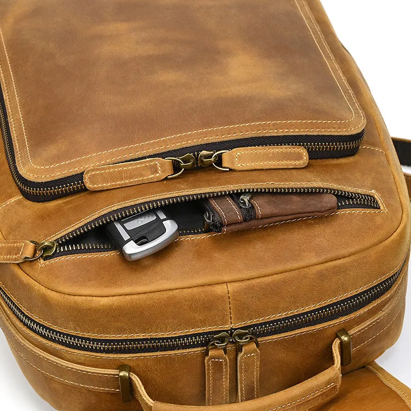 Mens Leather 15???? Laptop Backpack 14L Light Brown Large Leather Backpack for Travel
