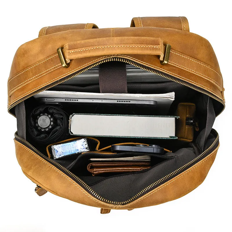 Mens Leather 15???? Laptop Backpack 14L Light Brown Large Leather Backpack for Travel