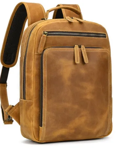 Mens Leather 15???? Laptop Backpack 14L Light Brown Large Leather Backpack for Travel