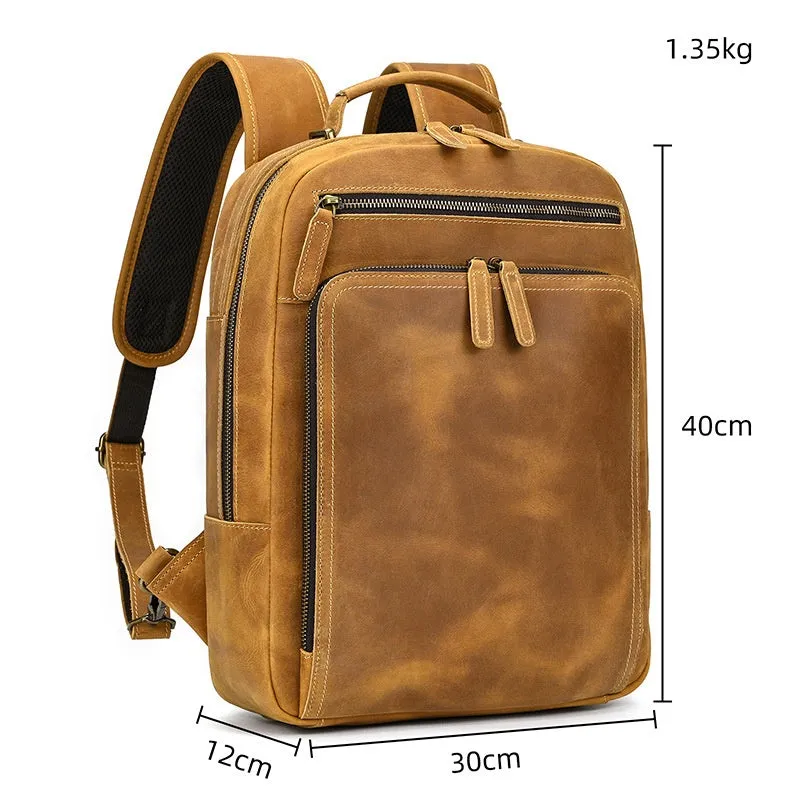 Mens Leather 15???? Laptop Backpack 14L Light Brown Large Leather Backpack for Travel