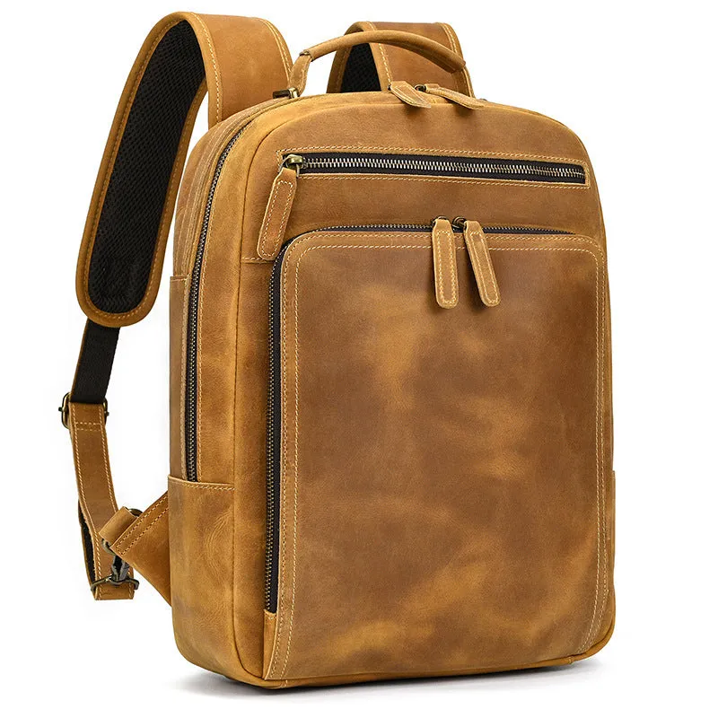 Mens Leather 15???? Laptop Backpack 14L Light Brown Large Leather Backpack for Travel