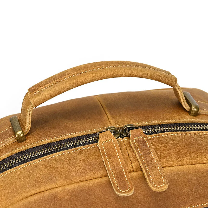 Mens Leather 15???? Laptop Backpack 14L Light Brown Large Leather Backpack for Travel
