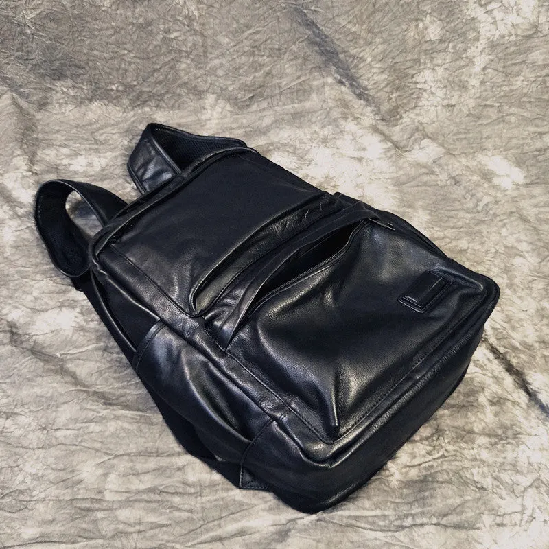 Mens Leather Cool Black Backpack for School Travel Bag Hiking Bag For Men