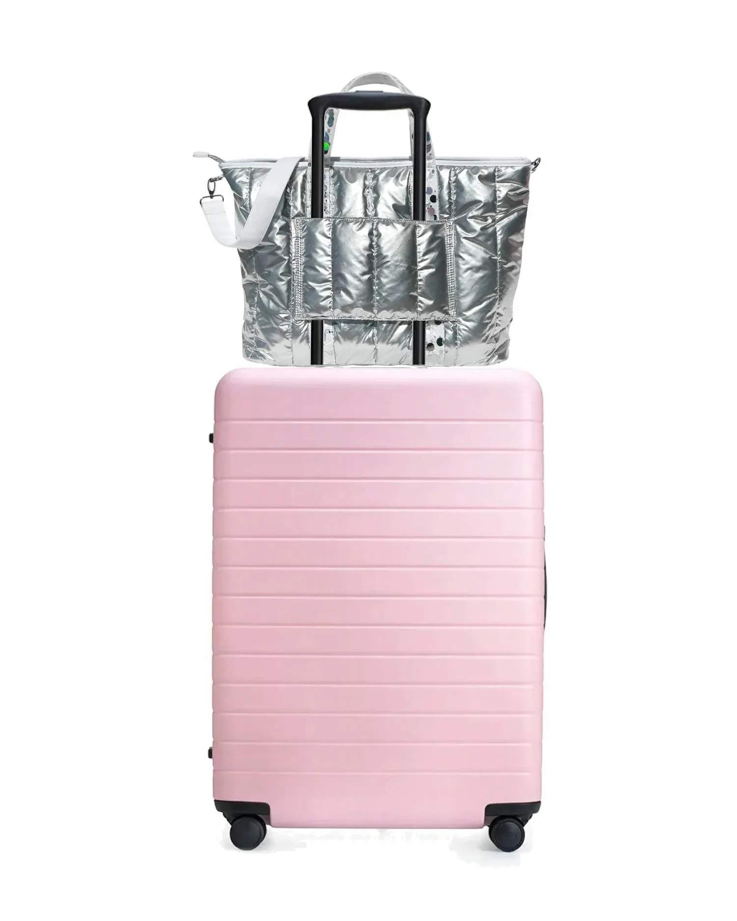 Metallic Puffer Confetti Travel Bag In Silver Confetti