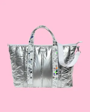 Metallic Puffer Confetti Travel Bag In Silver Confetti