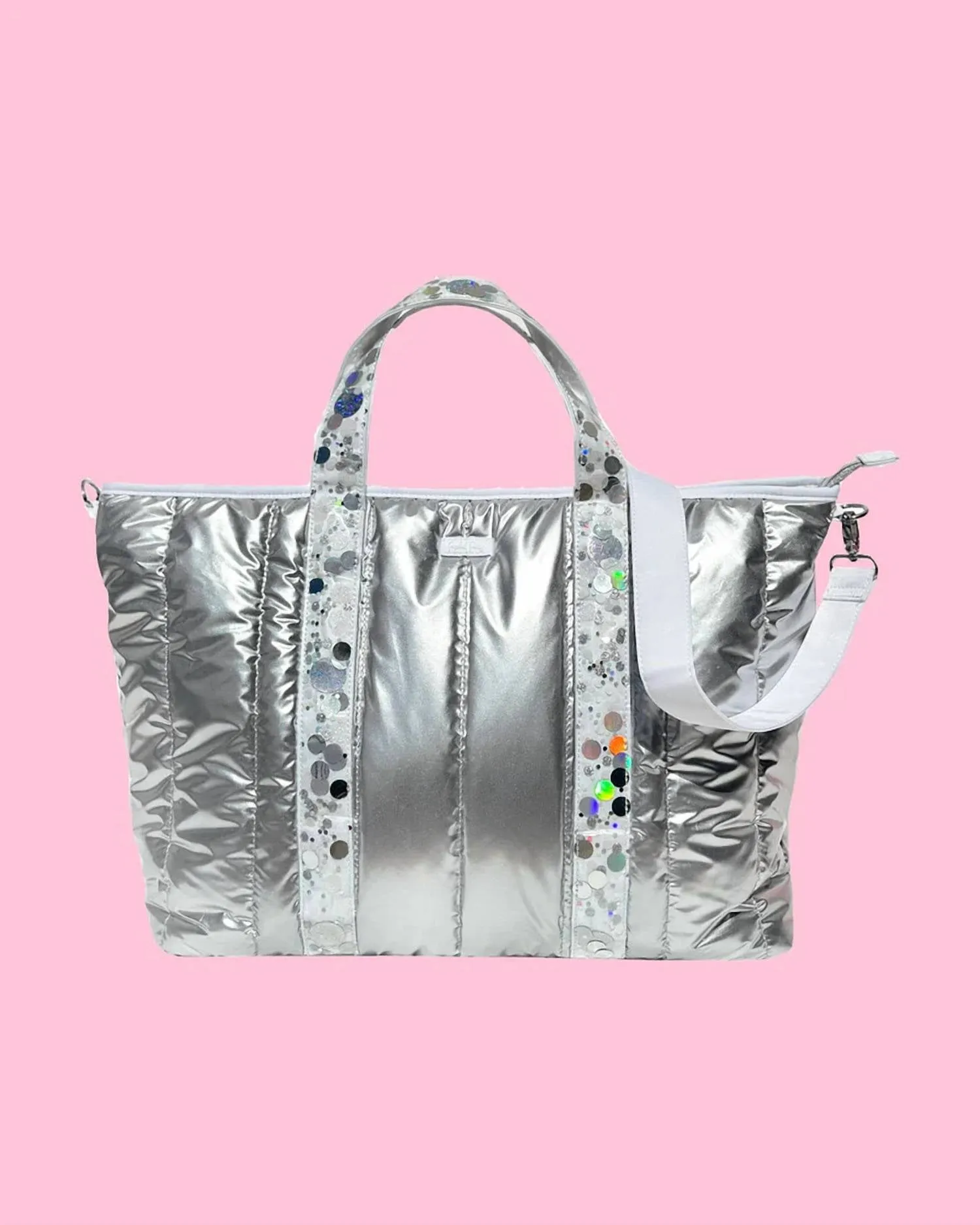 Metallic Puffer Confetti Travel Bag In Silver Confetti