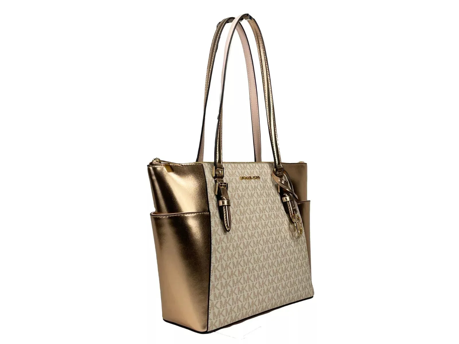 Michael Kors Charlotte Large Leather Top Zip Tote Bag Purse Rose Women's gold