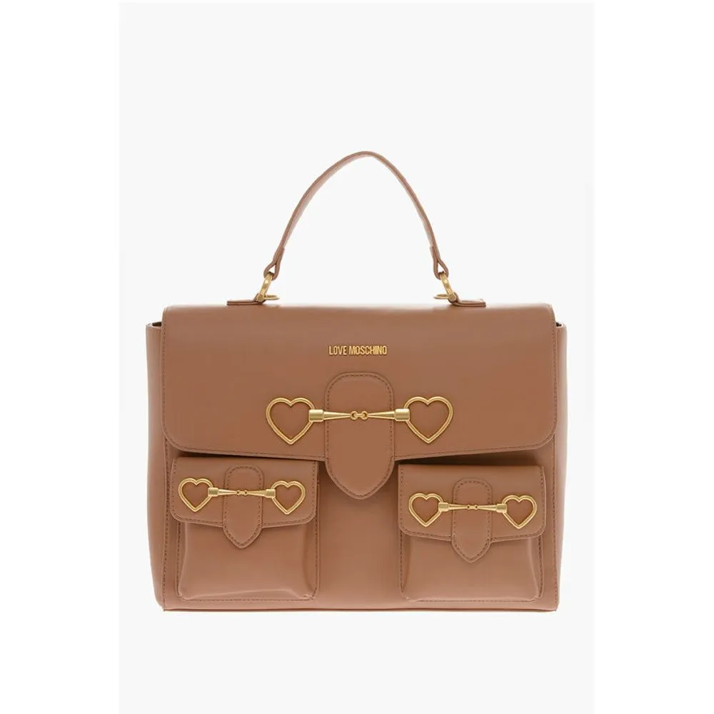 Moschino LOVE Faux Leather Handle Bag with Pockets and Clamp Front