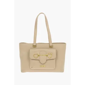 Moschino LOVE Faux Leather Maxi Front Pocket Tote Bag with Heart Clam