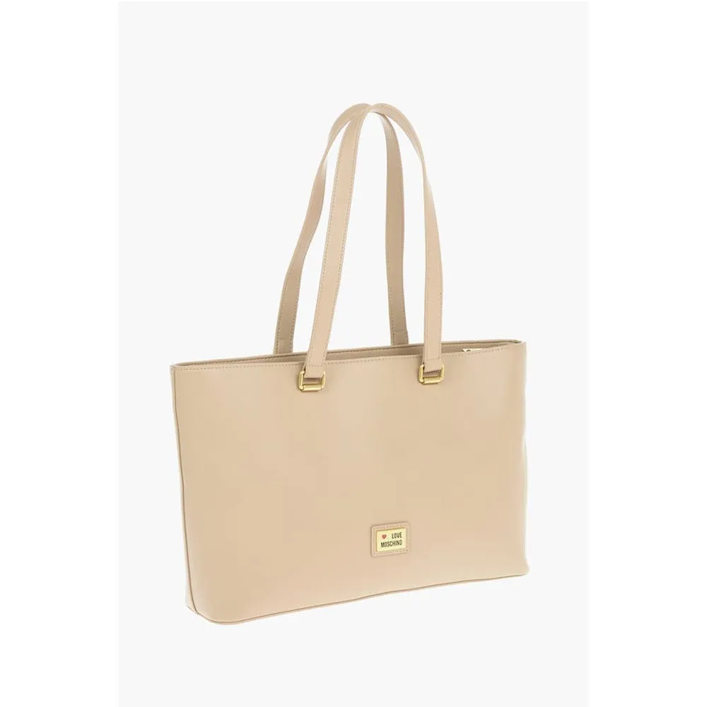 Moschino LOVE Faux Leather Maxi Front Pocket Tote Bag with Heart Clam