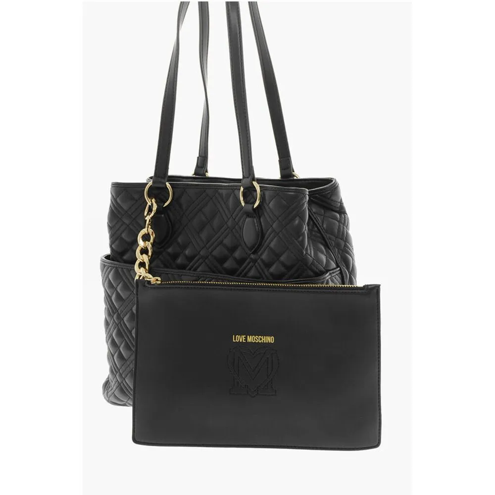 Moschino LOVE Quilted Faux Leather Tote Bag with Matching Pouch