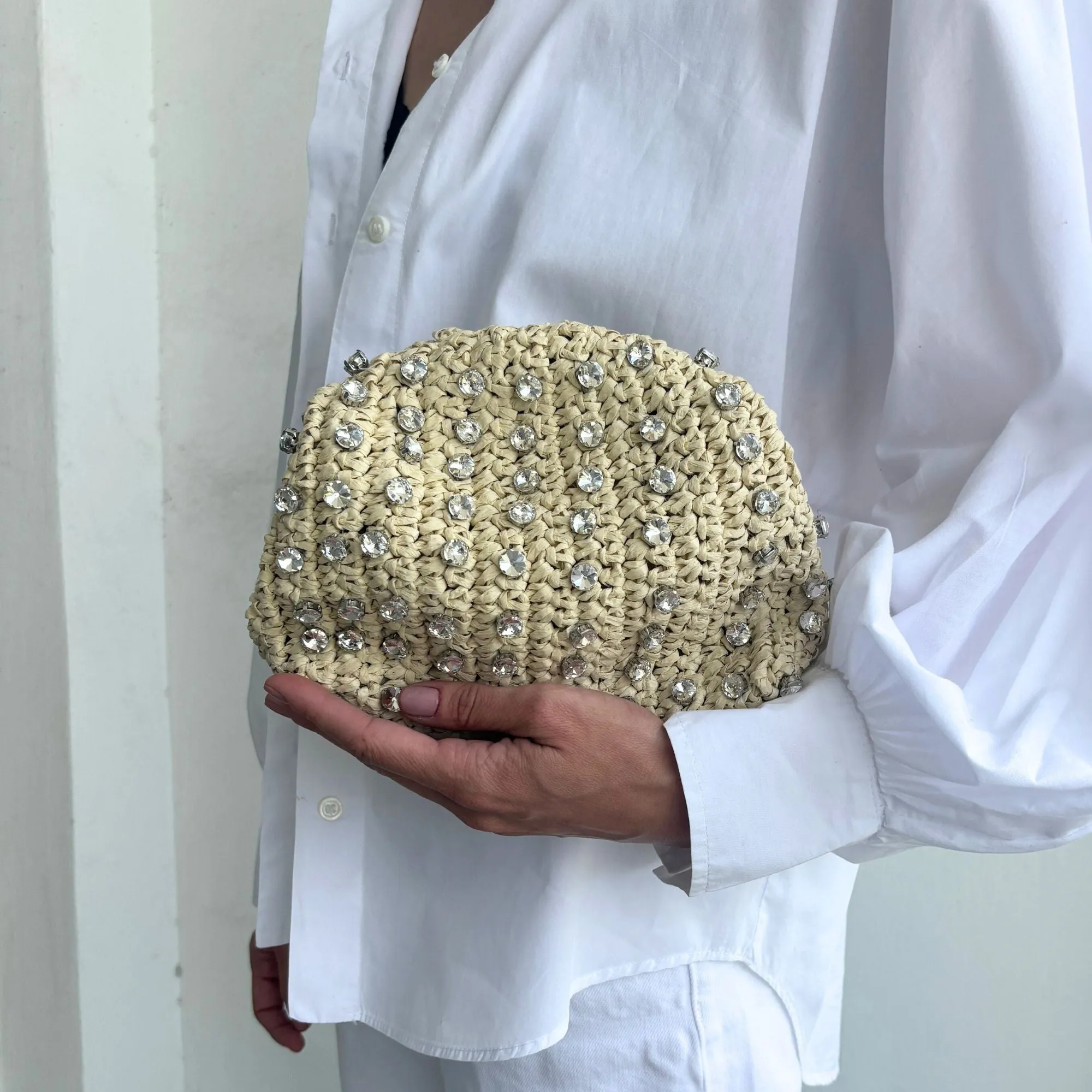 Natural Raffia Crystal Clutch
