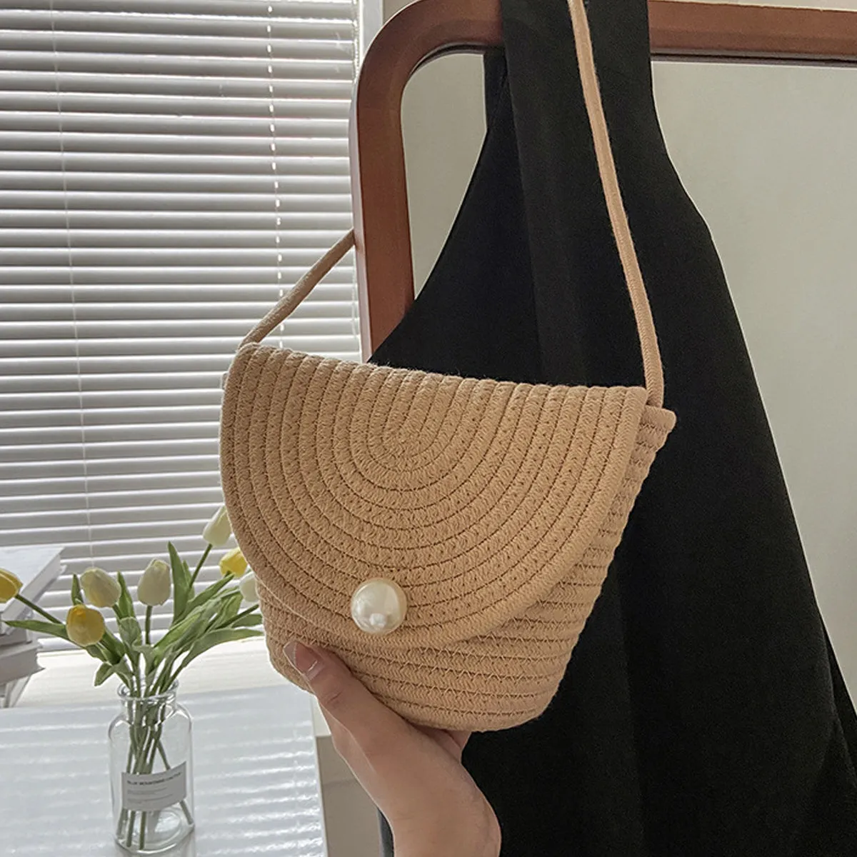 New Fashion Braided Cotton Rope Shoulder Bucket Bag