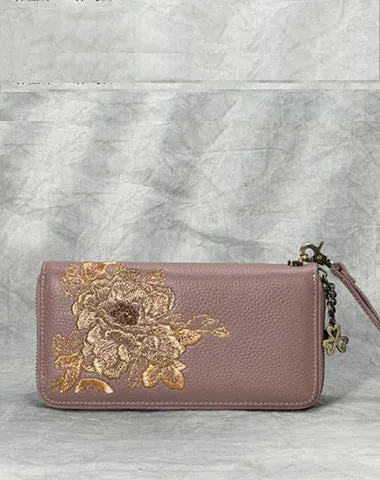 Peony Embroidery Pink Leather Peony Wristlet Wallet Womens Zip Around Wallets Flowers Peony Ladies Zipper Clutch Wallet for Women