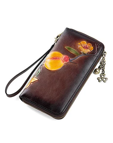 Plum Blossom Flower Leather Wristlet Wallet Womens Zip Around Wallets Flower Ladies Zipper Clutch Wallets for Women