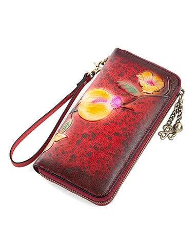 Plum Blossom Flower Leather Wristlet Wallet Womens Zip Around Wallets Flower Ladies Zipper Clutch Wallets for Women