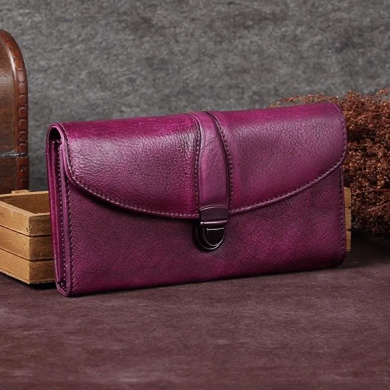 Purple Womens Vintage Leather Bifold Wallet Long Wallet Brown Phone Clutch Wallet Purse for Ladies