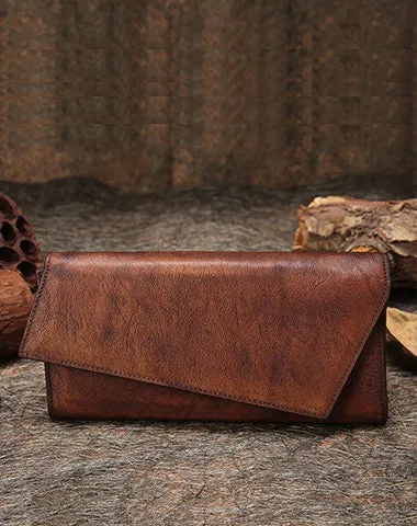 Purple Womens Vintage Leather Trifold Long Wallet Geometry Clutch Long Wallet for Ladies