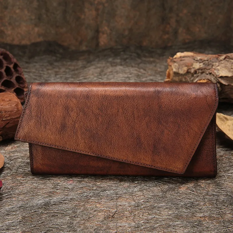 Purple Womens Vintage Leather Trifold Long Wallet Geometry Clutch Long Wallet for Ladies