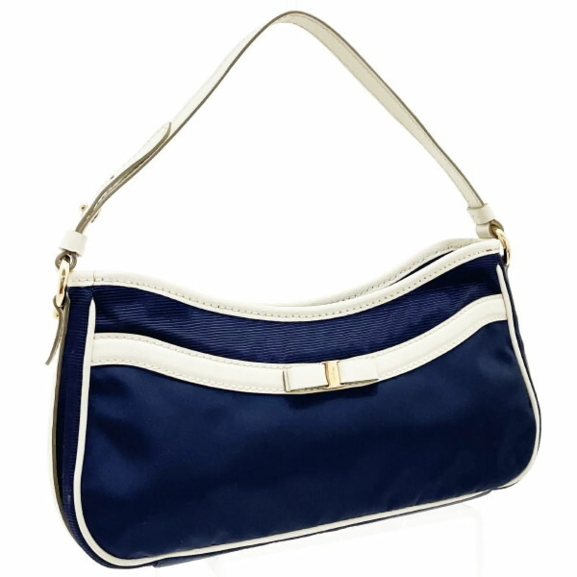Salvatore Ferragamo Vara ivory Navy Nylon Fabric Leather Handbag (Pre-Owned)