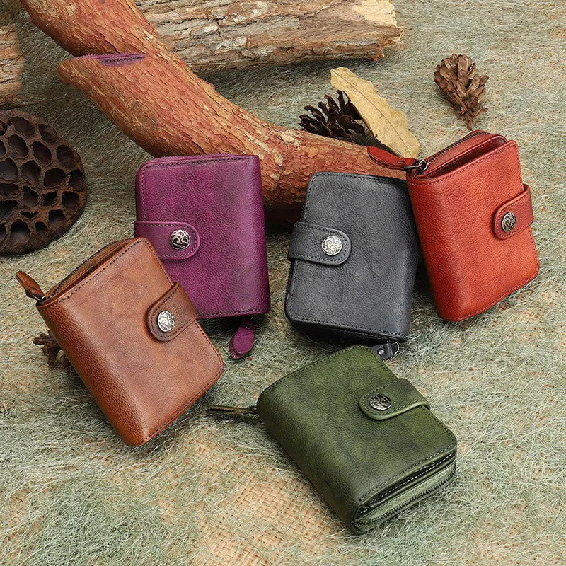 Small Purple Leather Trifold Wallet Vintage Billfold Cute Women Buckle Wallet For Ladies