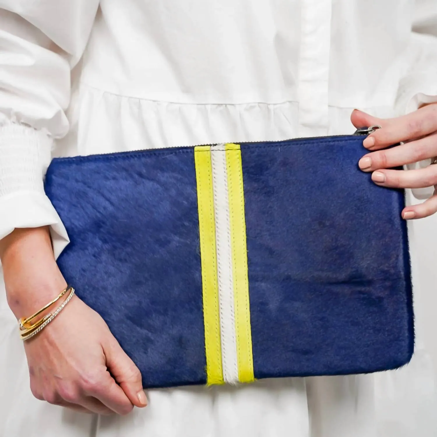 Striped Clutch In Navy/neon Yellow