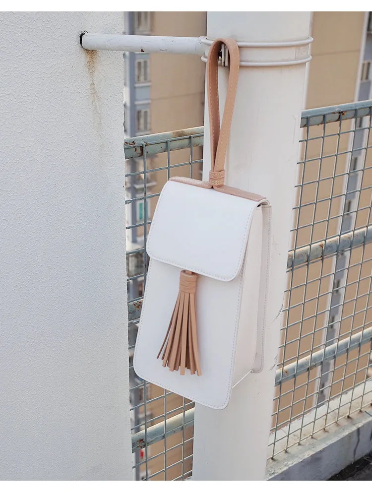 Stylish White Leather Womens Handbag Tassel Wristlet Bag Clutch for Women