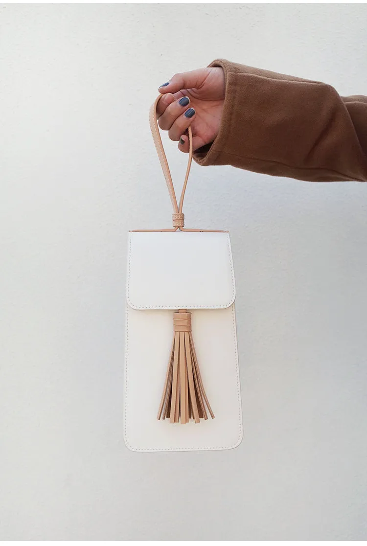 Stylish White Leather Womens Handbag Tassel Wristlet Bag Clutch for Women