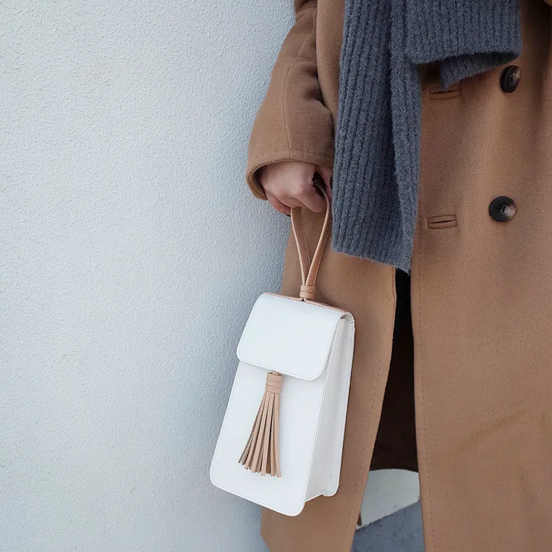 Stylish White Leather Womens Handbag Tassel Wristlet Bag Clutch for Women