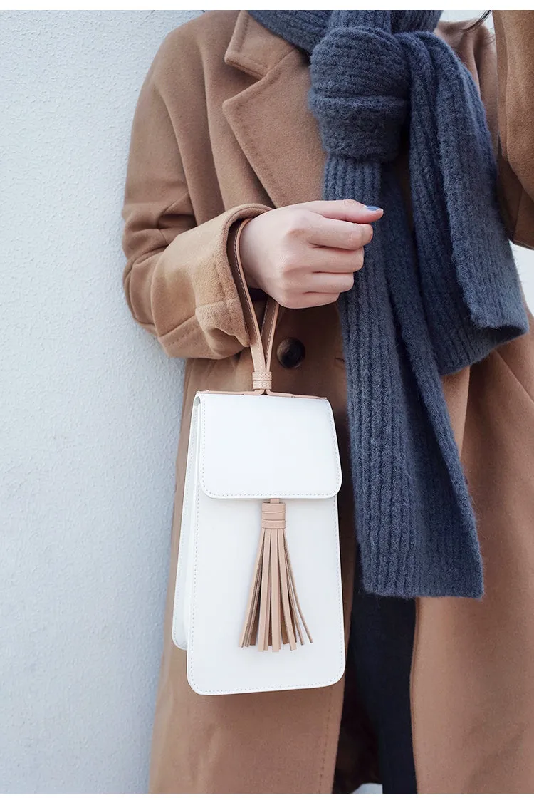 Stylish White Leather Womens Handbag Tassel Wristlet Bag Clutch for Women