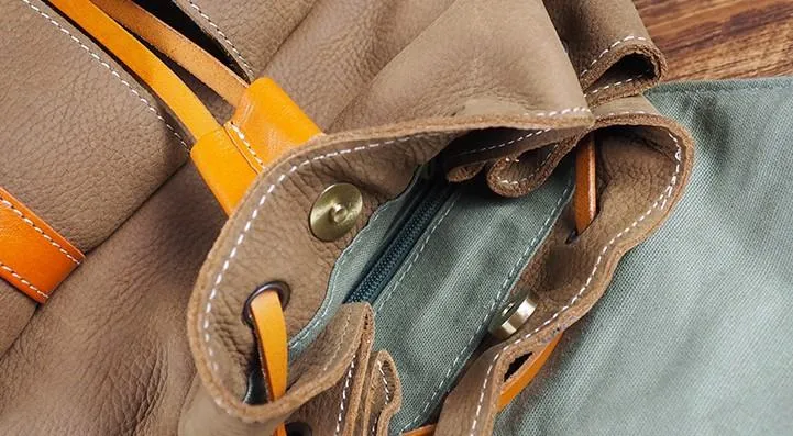 Tan Cool Mens Leather Backpack Travel Backpack Leather Hiking Backpack for Men