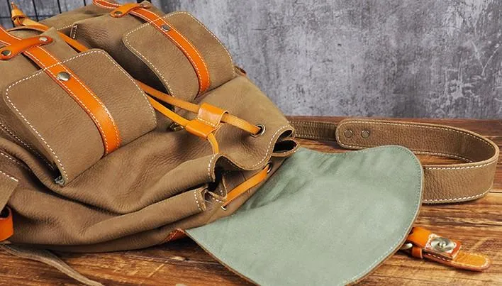 Tan Cool Mens Leather Backpack Travel Backpack Leather Hiking Backpack for Men