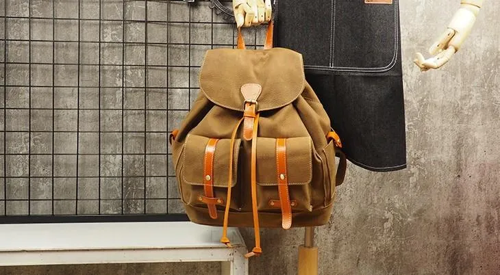 Tan Cool Mens Leather Backpack Travel Backpack Leather Hiking Backpack for Men