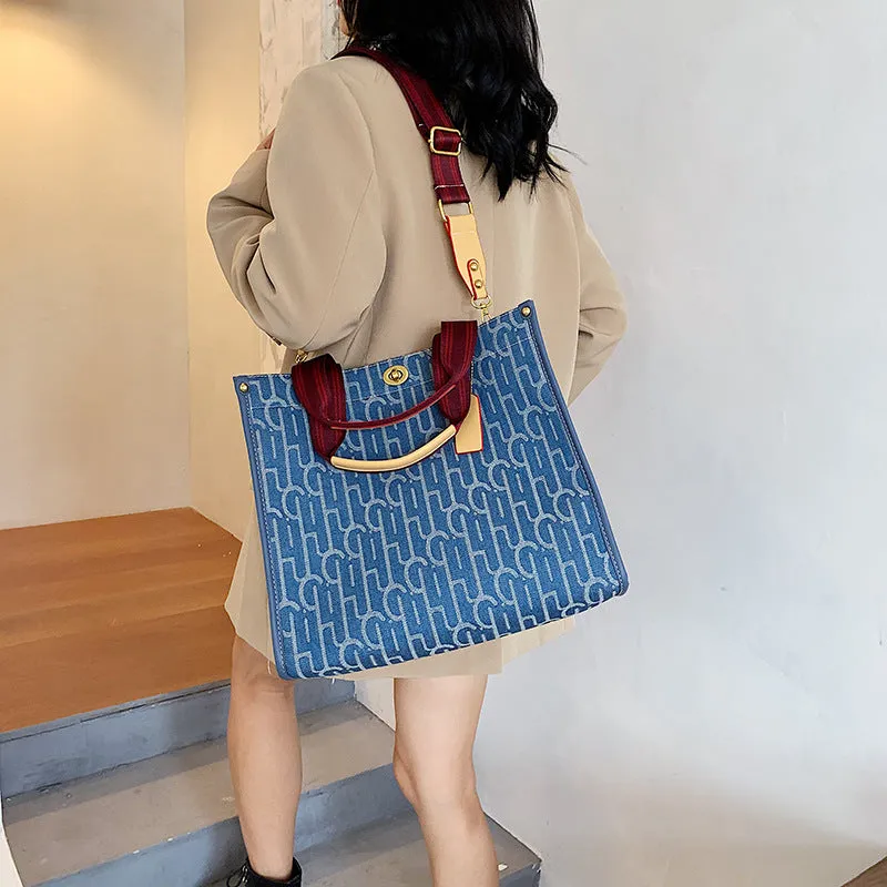 Trendy Denim Canvas Large Tote Messenger Bag