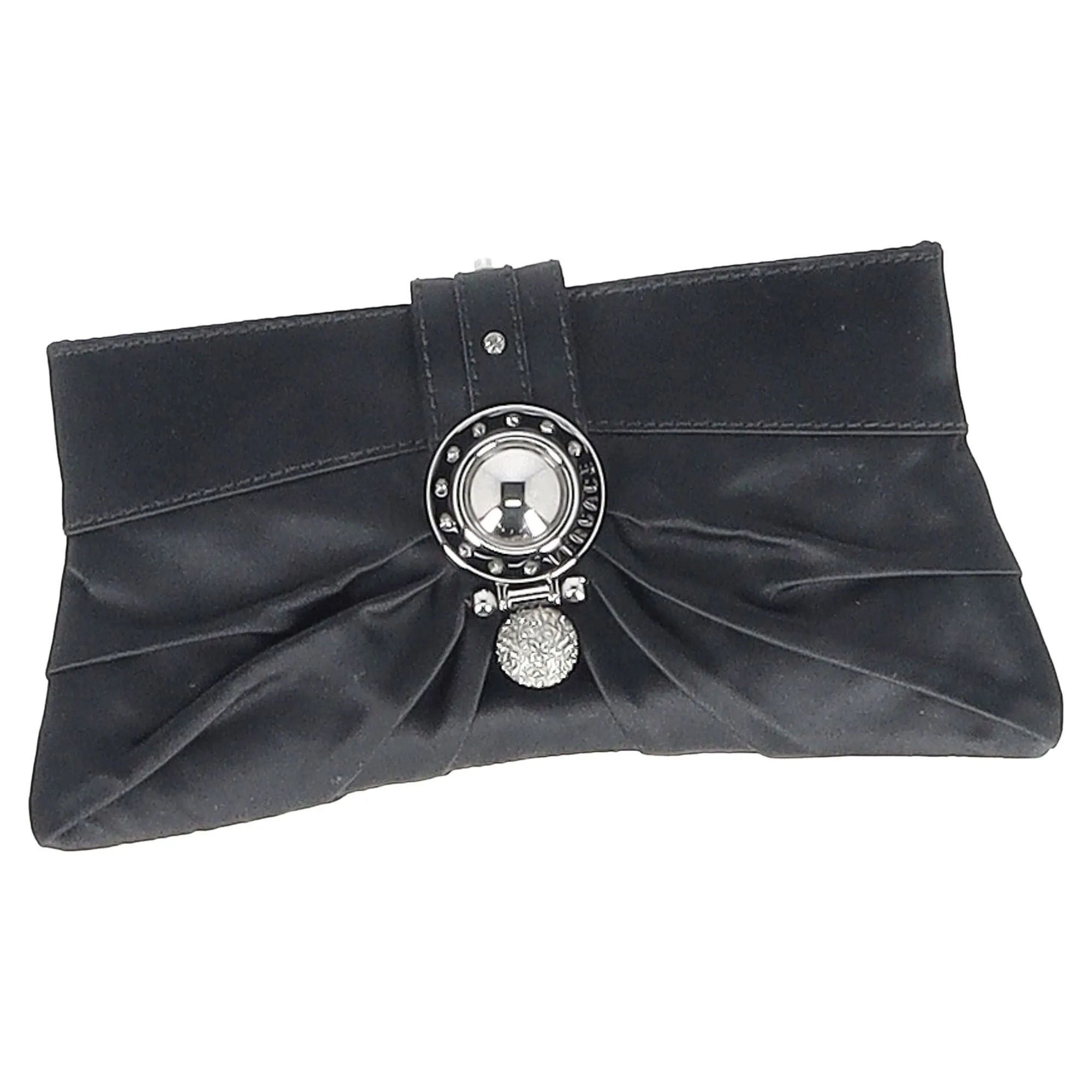 Versace Crystal-Embellished Clutch in Black Satin