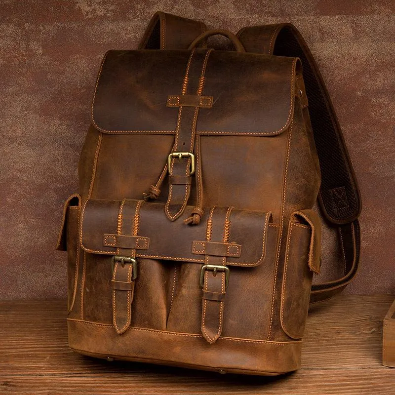 Vintage Brown Fashion Mens Leather 15-inch Computer Backpacks Brown Travel Backpacks School Backpacks for men