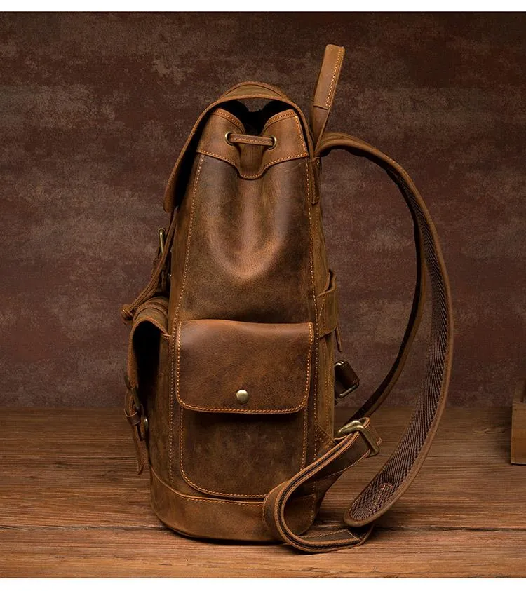 Vintage Brown Fashion Mens Leather 15-inch Computer Backpacks Brown Travel Backpacks School Backpacks for men