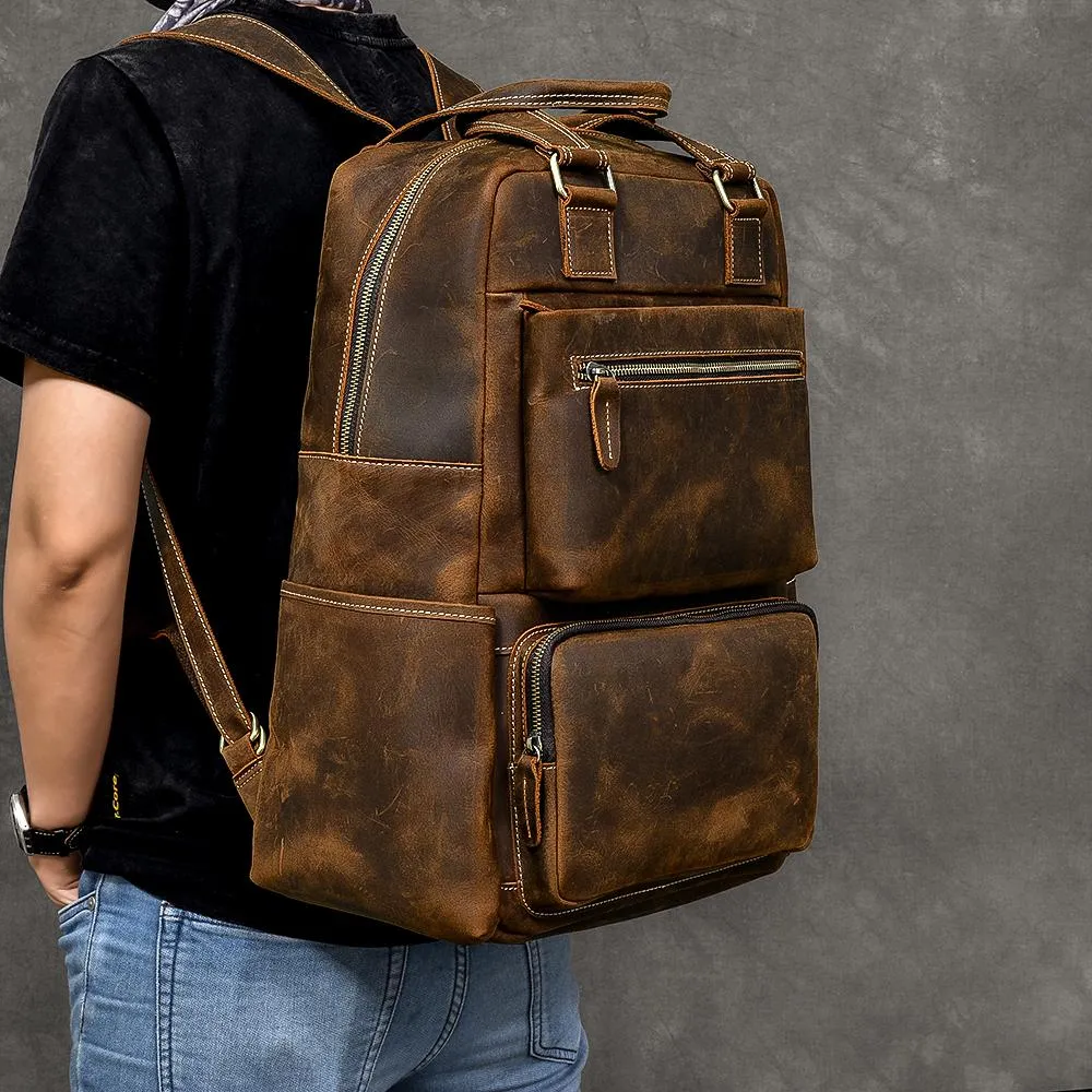 Vintage Brown Large Leather Backpack Men 16" Laptop Backpack Leather Backpack Style Handbag