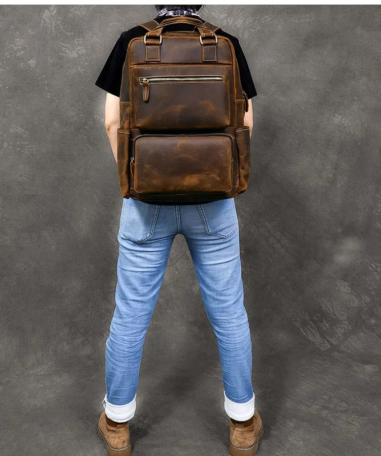 Vintage Brown Large Leather Backpack Men 16" Laptop Backpack Leather Backpack Style Handbag