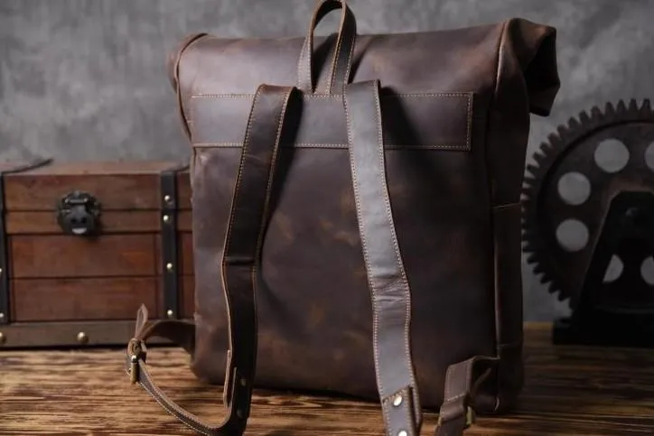 Vintage Brown Leather Mens Backpack Large Travel Backpack Hiking Backpack for men