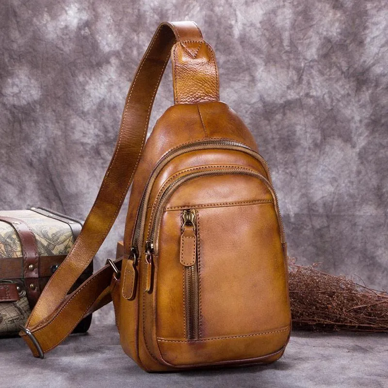 Vintage Brown Mens Leather Sling Bag Chest Bags Purses One Shoulder Backpack for Men