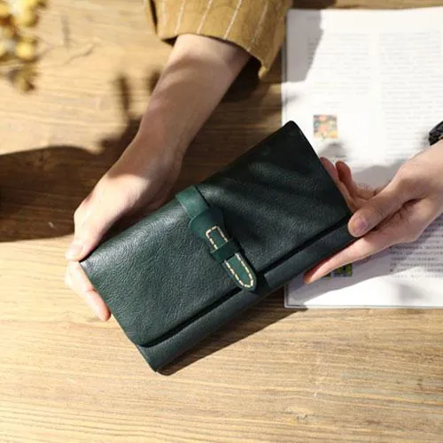 Vintage brown WOmens Leather Long Wallet Bifold Long Clutch Wallet Card Holder Purse
