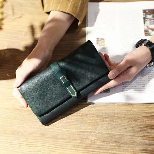Vintage brown WOmens Leather Long Wallet Bifold Long Clutch Wallet Card Holder Purse