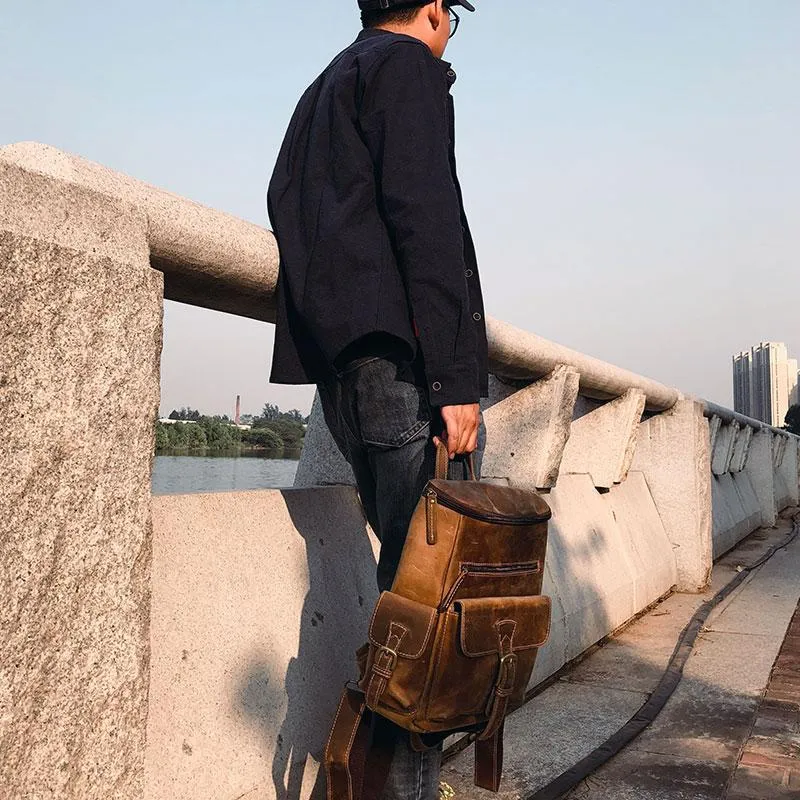 Vintage Cool Leather Mens Backpack Large Travel Bag Hiking Bag for men