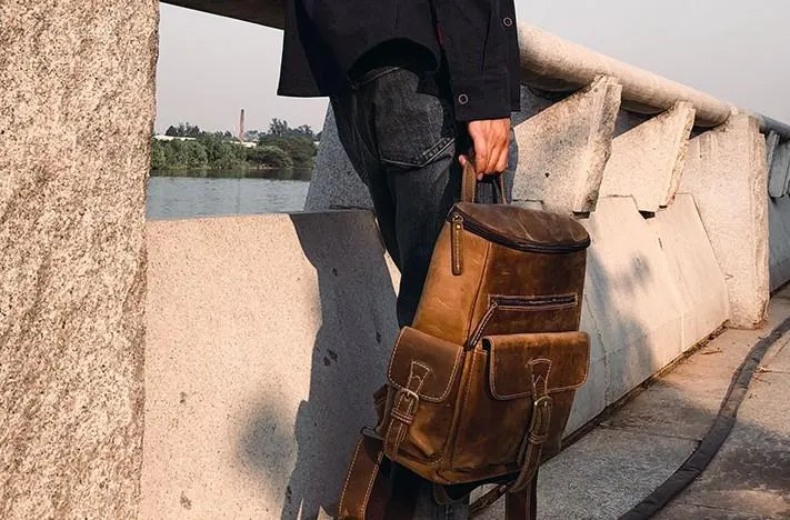 Vintage Cool Leather Mens Backpack Large Travel Bag Hiking Bag for men